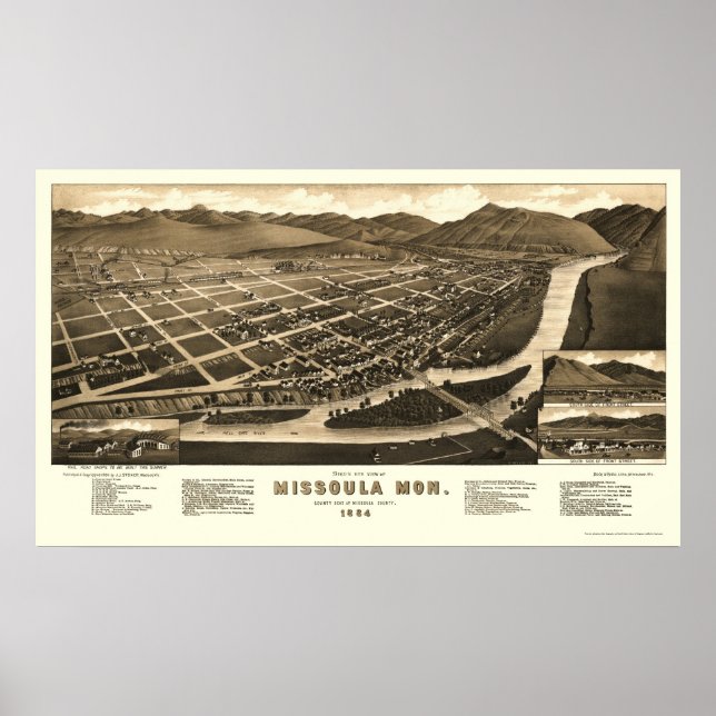 Póster Missoula, Mapa Panorámico MT - 1884 (Frente)