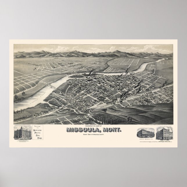 Póster Missoula, Mapa Panorámico MT - 1891 (Frente)