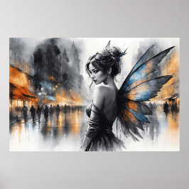 Póster Misteriosa ciudad de hadas brumosas alas etéreas