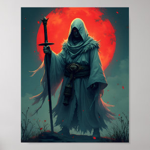 Póster Misteriosa Figura Encapuchada Bajo Luna de Sangre 