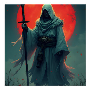 Póster Misteriosa Figura Encapuchada Bajo Luna de Sangre 