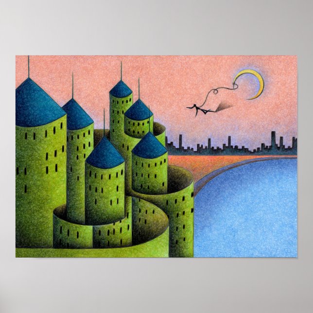 Póster Misterioso castillo antiguo a orillas del lago. (Frente)