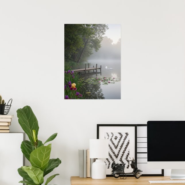 Póster Misty Lake Swans Water Lilies Nature Art (Oficina en casa)