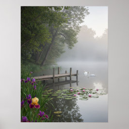 Póster Misty Lake Swans Water Lilies Nature Art
