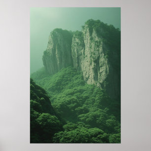 Póster Misty Majesty: Tranquilo Paisaje Forestal de Monta