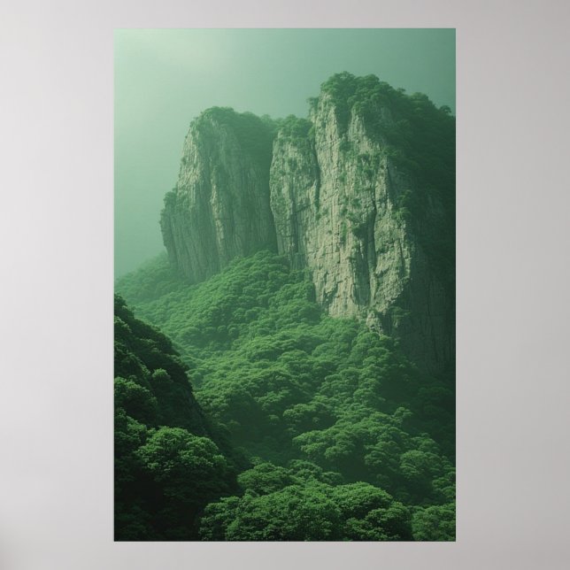 Póster Misty Majesty: Tranquilo Paisaje Forestal de Monta (Frente)