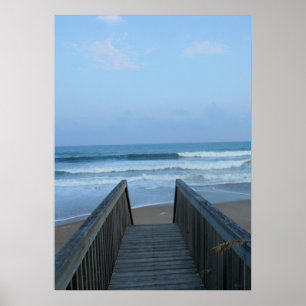 Póster Misty Morning Seashore Pier Beach Sand Waves Photo