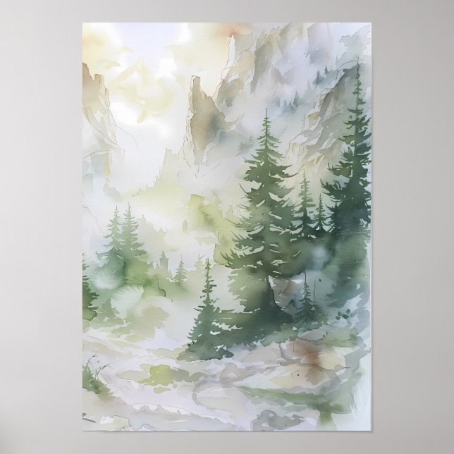 Póster Misty Mountain Forest in Watercolor (Frente)