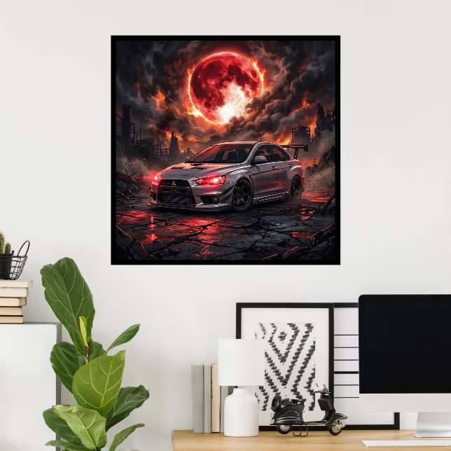 Póster Mitsubishi Lancer Evo 10 Bajo una Luna Carmesí (Oficina en casa)