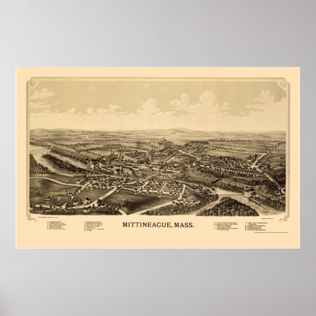 Póster Mittineague, MAMÁES Mapa Panorámico - 1889 (Frente)