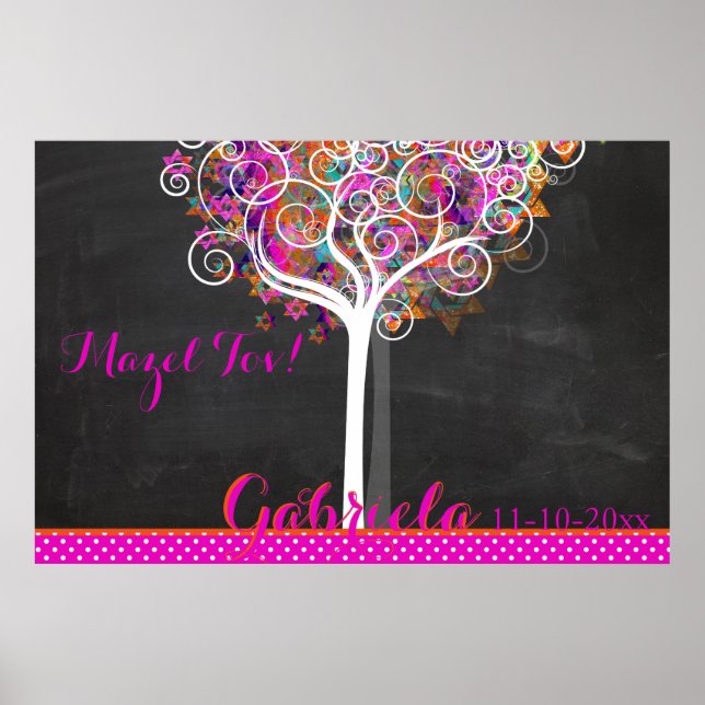 Póster Mitzvah Chalkboard Árbol de Rótulo de vida a bordo (Frente)