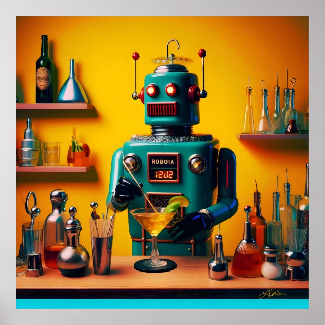 Póster Mixólogo de Robot Futurista Retro ROBIA 12J2 (Frente)
