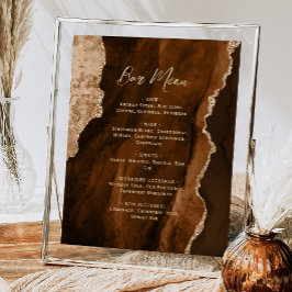 Póster Mocha Brown Gold Agate Script Wedding Bar Menu 