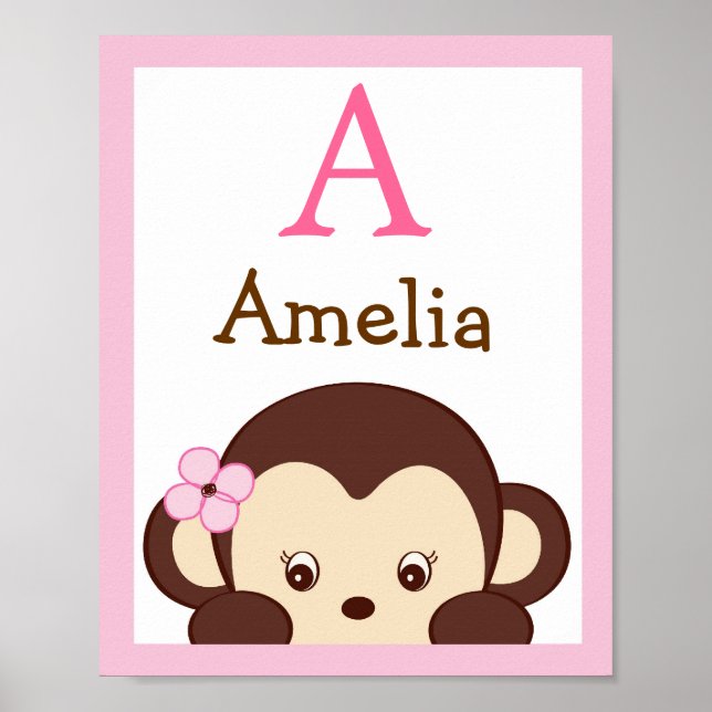 Póster Mod Chica Monkey Nursery Wall Art Nombre Imprimir (Frente)