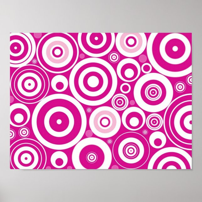 Póster Mod Círculos Retro Concéntricos Rosa y Blanco (Frente)