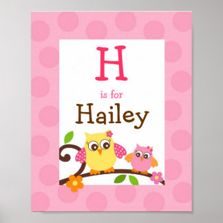 Póster Mod Owl Flower Girls Nursery Wall Art Name Print