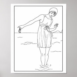 Póster Moda 1913 Mujer bañada en agua del océano