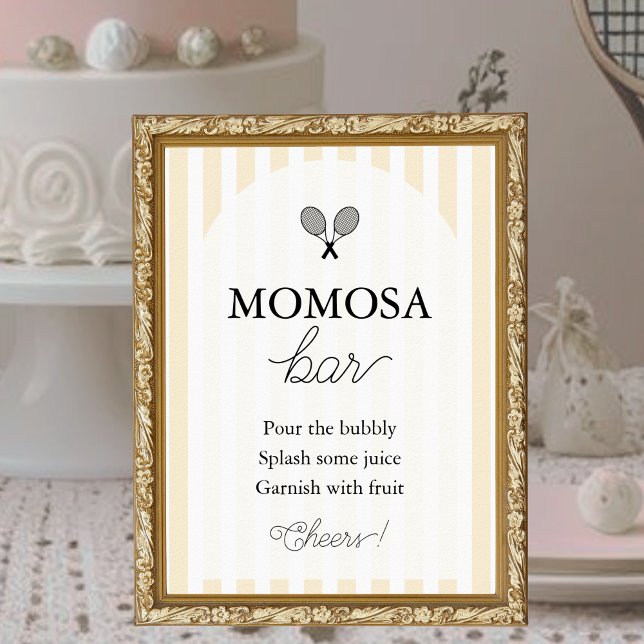 Póster Moda amarilla Tennis Baby Shower Momosa Bar Rótulo (elegant yellow momosa bar sign for tennis theme chic preppy baby shower event)