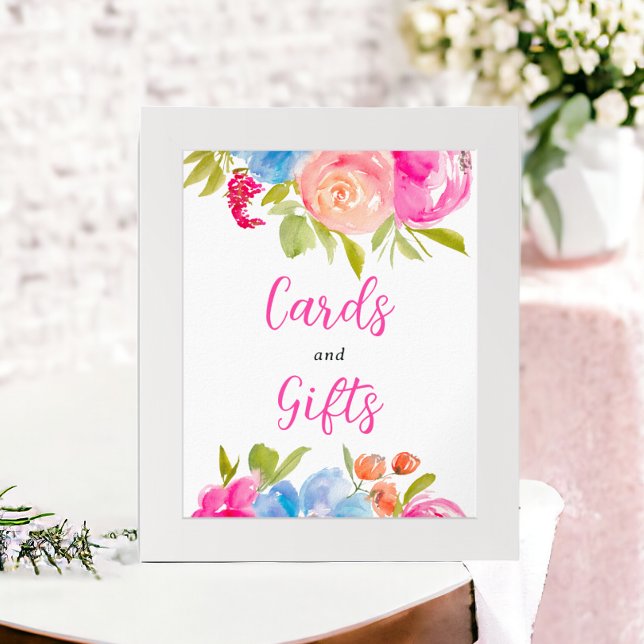 Póster Moda azul rosa Boho floral acuarela seña de novia (Pink blue Boho floral watercolor bridal sign)