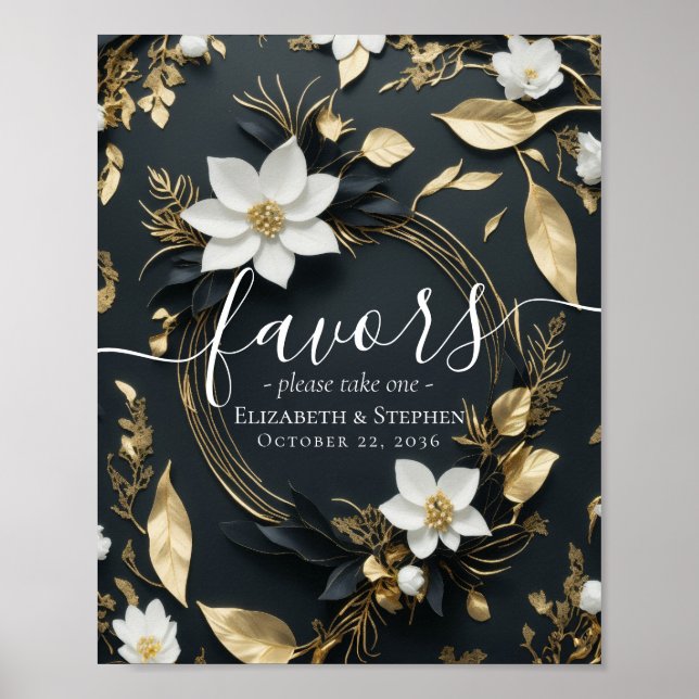 Póster Moda Black White Gold Floral Wreath Wedding Favors (Frente)