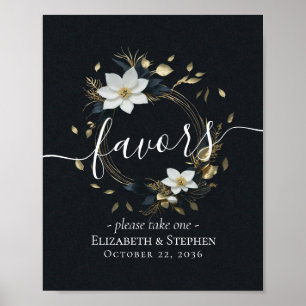 Póster Moda Black White Gold Floral Wreath Wedding Favors