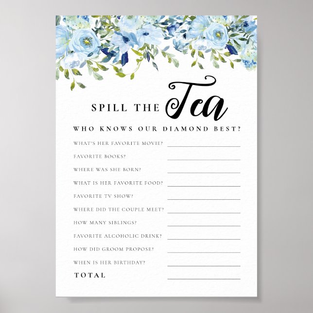 Póster Moda Blue Floral Spill the Tea Bridal Shower Game (Frente)