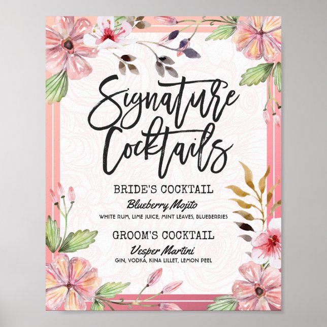 Póster Moda Boda Floral Signature Cocktail Bebe Menú (Frente)