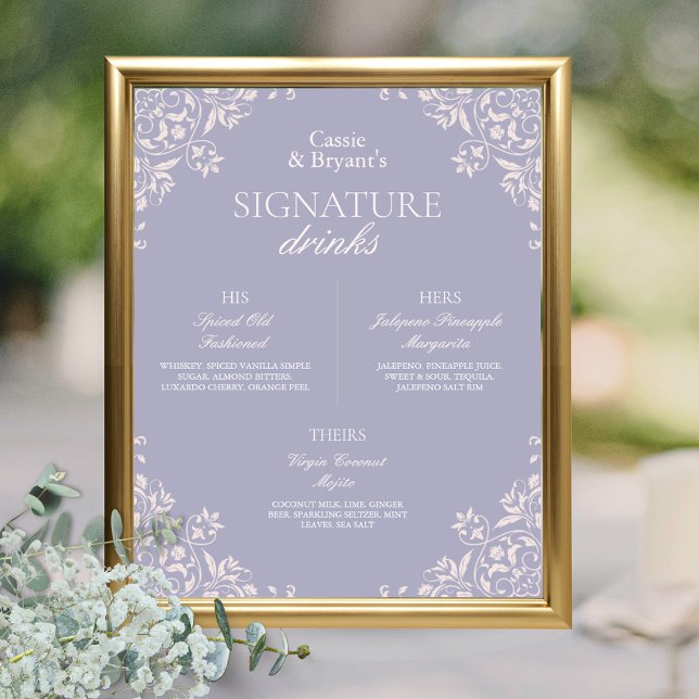 Póster Moda Boda Purple French Lilac (elegant purple lavender french lilac wedding bar menu signature drinks sign for her him them poster)