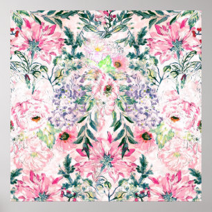 Póster moda boho acuarela primavera rosada floral