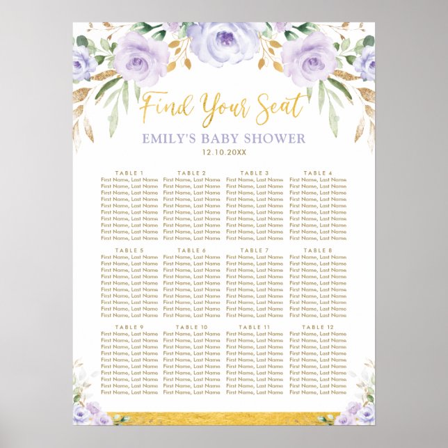 Póster Moda Boho Chica Purple Floral Baby Shower Asientos (Frente)