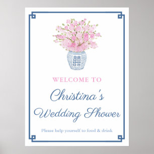 Póster Moda Chinoiserie Ducha de boda azul marina y rosa