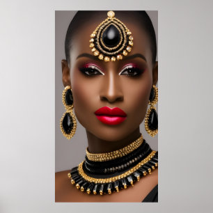 Póster Moda clásica femenina joyas de oro africanas negra