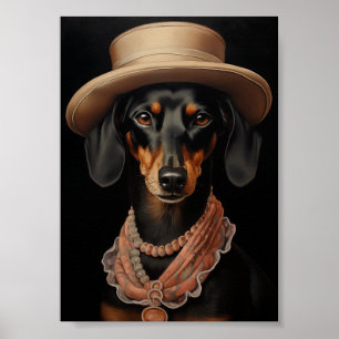 Póster Moda Dachshund Con Gorra Crema