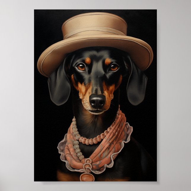 Póster Moda Dachshund Con Gorra Crema (Frente)