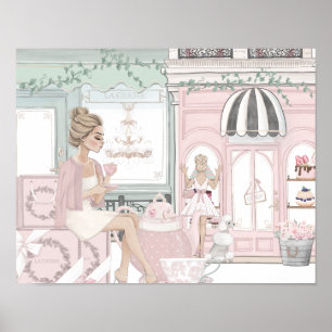 Póster Moda Damas Panadería Francesa Tea Shop Watercolor
