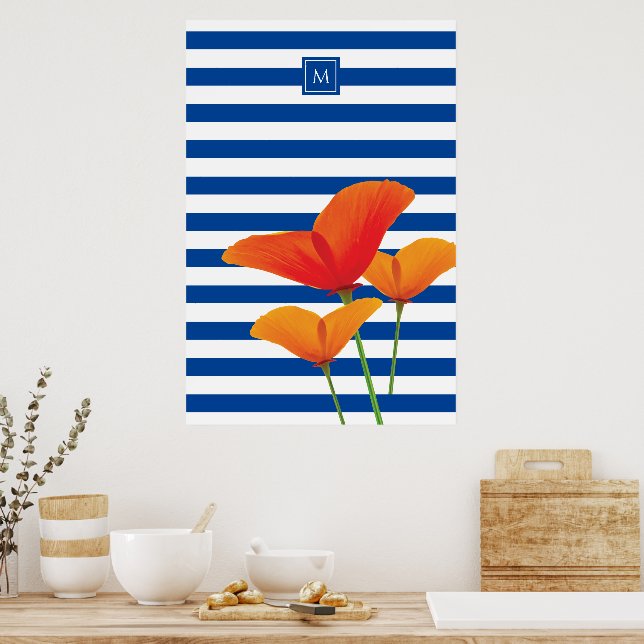 Póster Moda de amapola Bandas Azules Monograma (Cocina)