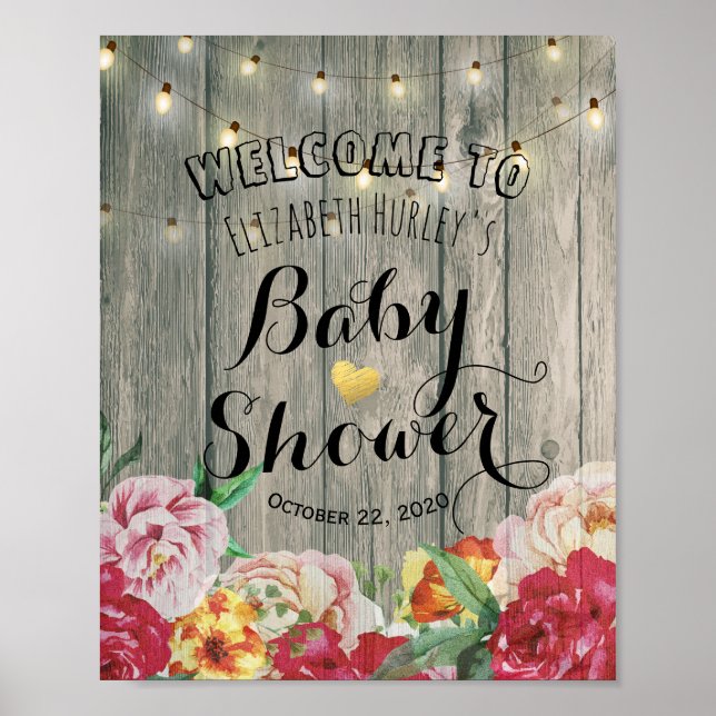Póster Moda de bienvenida Baby Shower Flores String Light (Frente)
