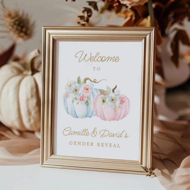 Póster Moda de género de calabaza rosa y azul otoño (Fall Gender Reveal Baby Shower Welcome Sign)