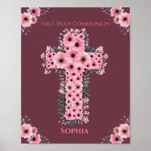 Póster Moda de la Cruz de Flores Rosadas Primero Chica de