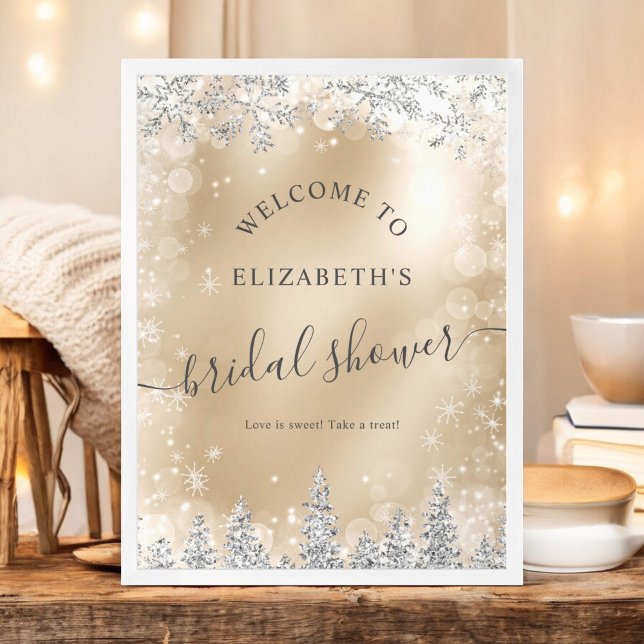 Póster Moda de plata oro nieve pino bienvenida ducha de n (Silver chic gold snow pine welcome bridal shower poster)
