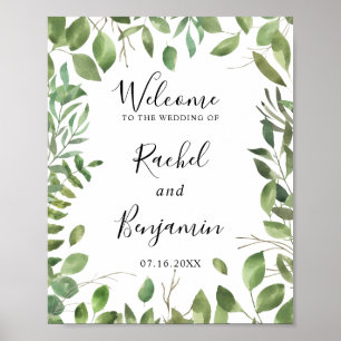 Póster Moda del Boda de bienvenida de borde de hoja verde