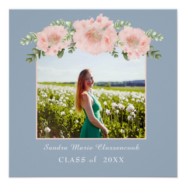 Póster Moda Dusty Blue Pink clase de graduación floral 20 (Anverso)