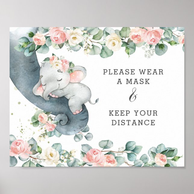 Póster Moda Elefante Floral Llevar Una Máscara Mantener D (Frente)