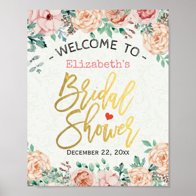 Póster Moda Elegante acuarela Floral Bridal Shower Rótulo (Frente)