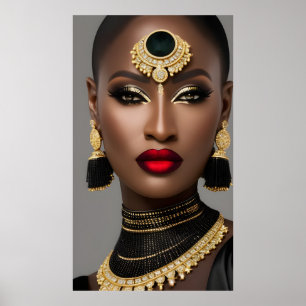 Póster Moda Exótica joyería de oro negro mujer africana