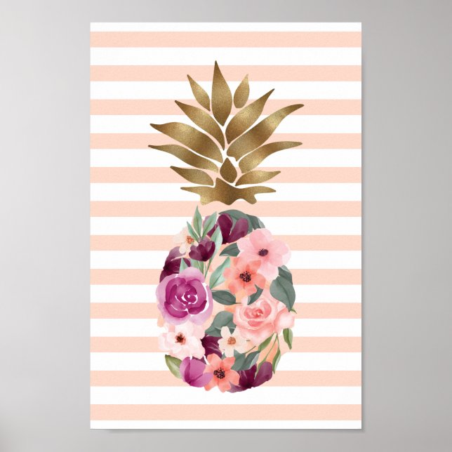 Póster Moda Floral Agua Botánica Dorada Pineapple (Frente)