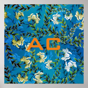 Póster Moda floral azul monograma moderno