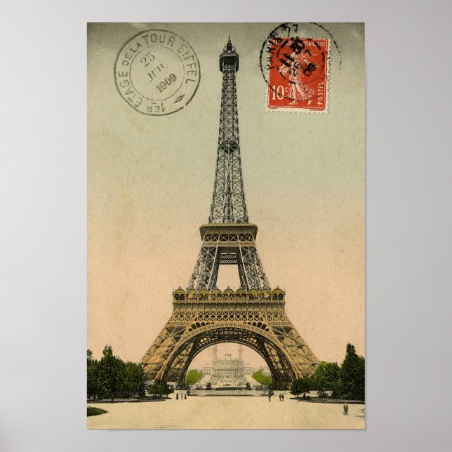 Póster Moda francesa de época Torre Eiffel Paris Postcard (Frente)