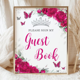 Póster Moda Fuchsia Pink Floral Quinceañera Guest Book