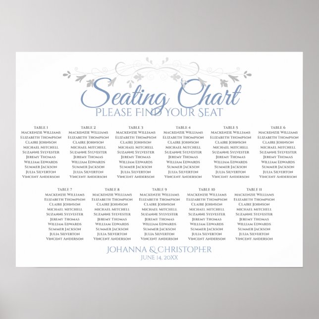 Póster Moda Gris Azul 11 Tabla de asientos Boda de mesa (Frente)